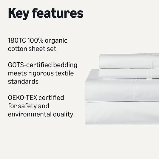 Amazon Basics Organic Cotton Sheet Set with 2-Pieces Pillowcase, White, King