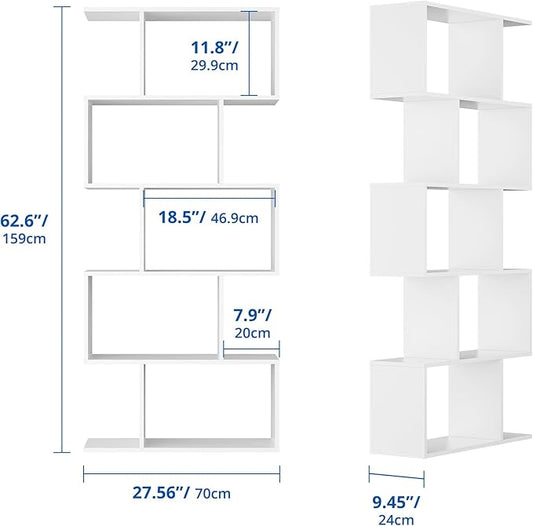 Cozy Castle Set of 2 Geometric Bookcase, S-Shaped Modern Bookshelf, Room Divider Bookshelf, 62" Tall Unique Abstract Bookcase with 5-Tier Display Shelf for Living Room Office, White