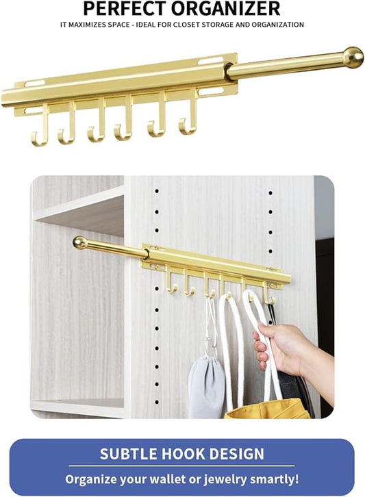 16.5 inch Valet Rod for Closets Pull Out Closet Valet Rod Slide Out Extra long Gold Valet Rods for Closets With 6 Hooks