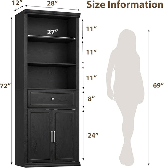 Rresyet Bookcase, 6 Tier Black Bookshelf 28" W Tall Minimalist Bookshelves with Storage Cabinet Suitable for Offices, Libraries, Living Rooms