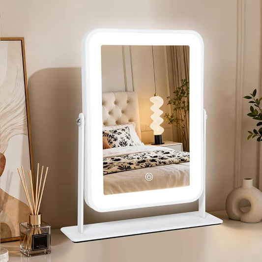 Small Desk Mirror with Lights, Lighted Makeup Mirror with Light, Portable Tabletop Make Up Mirror for Desk, Vanity Mirror with Lights,Smart Touch Control, Dual Power Supply, 360°Rotation