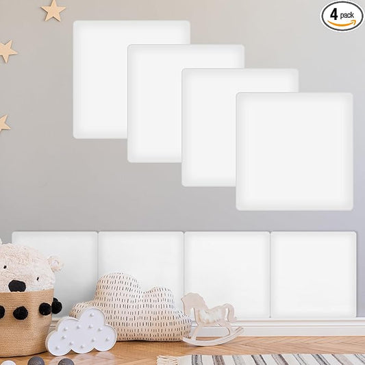 4 Pack Wall Padding for Playroom Peel and Stick Headboard 11.81" x 11.81" x 1.18" 3D Anti Collision Upholstered Wall Panels Self Adhesive Headboard Panel for Protection (White)
