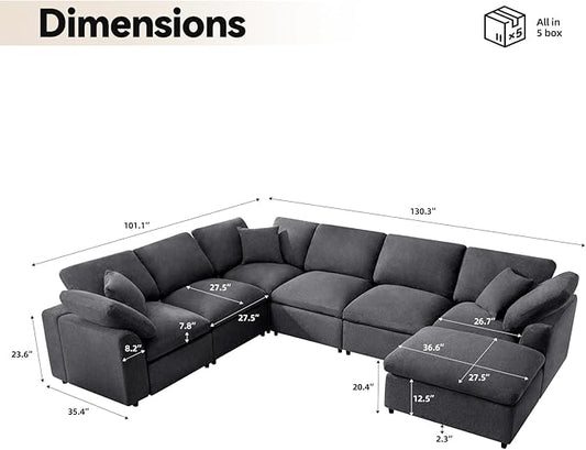Modular Sectional Sofa Modern Oversized Chenille Cloud Couch with Movable Ottoman 7 Seater L-Shaped Sofas Comfy Couches for Living Room Spacious Space Office Lounge, Dark Grey