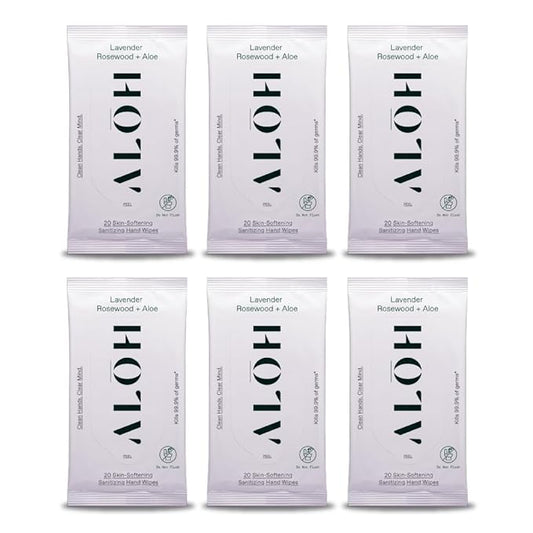 ALŌH Lavender Rosewood + Aloe Sanitizing Hand Wipes - Clean Hands, Clear Mind - On The Go Hand Sanitizer Wipes for Kids and Adults - Travel Size 6 Pack, 20ct (120 wipe)