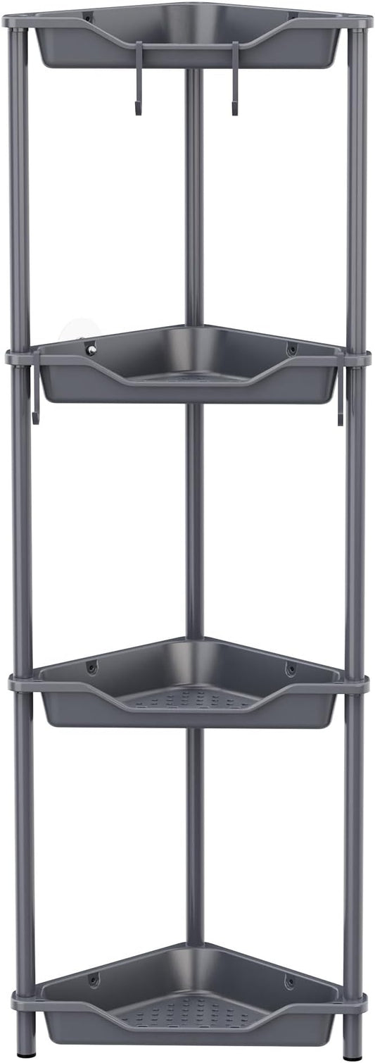 Orimade Rustproof 4 Tier Floor Standing Corner Shower Caddy Organizer, Plastic Metal Splicing Floor Corner Shelf Rack Storage Stands for Bathroom,10.8 x 10.8 x 44.6 inches, Grey