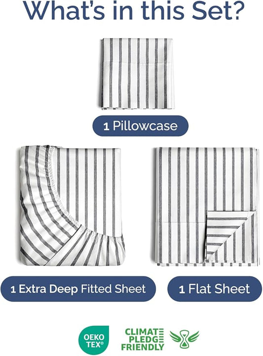 Extra Deep Pocket Twin Sheets - 3 Piece Breathable & Cooling Bed Sheets - Hotel Luxury Bed Sheet Set - Soft, Wrinkle Free & Comfy - Easily Fits Extra Deep Mattresses - Deep Pocket Grey Striped Sheets