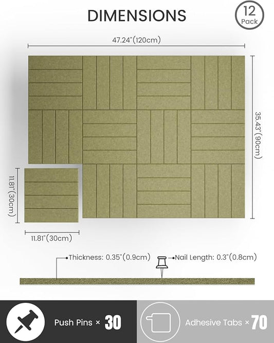 Bumusty Large Cork Board Alternative-47 x35 Felt Bulletin Board Tiles, with 30 Pushpins, 70 Adhesive Tabs, 12-Pack Slat Wall Paneling, Cork Boards for Office Push Pin Board Felt Board-Olive Green