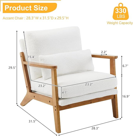 Karl home Accent Chair Wide Armrest Mid-Century Lounge Chair Teddy Fleece Armchair with Lumbar Pillow & Solid Wood Frame for Living Room, Bedroom, Balcony, White