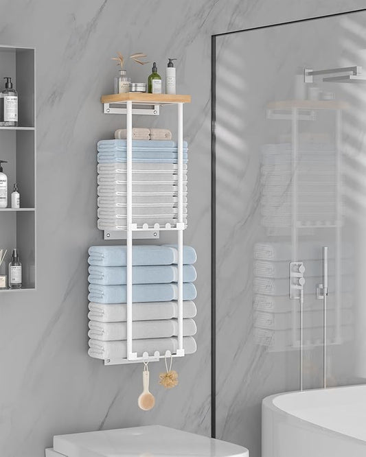HapiRm Towel Racks for Bathroom Storage - Wall Mounted Towel Holder with Shelf, Rolled Towel Storage Bath Towel Organizer for Small Bathroom, Camper, Rv - White