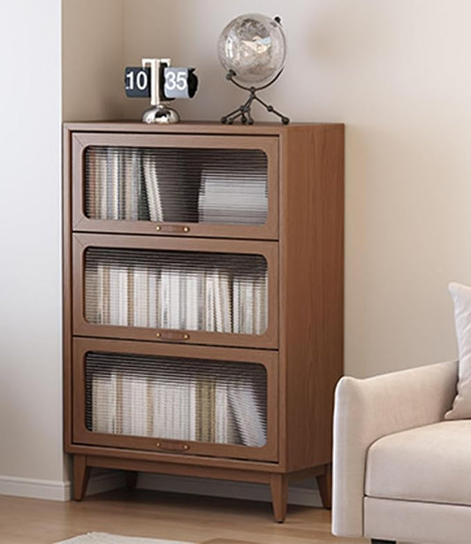 3 tier solid wood book case with corrugated tempered glass doors, dusty wooden bookshelf dark brown Flip-Up Glass Front Doors book cases/shelves for home office room with installation tool