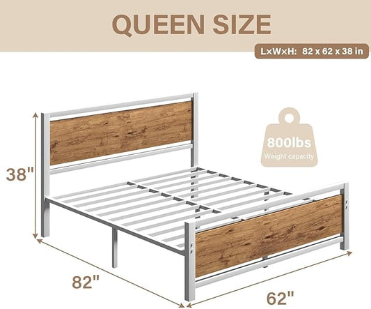 Bed Frame Queen Size, Queen Bed Frame with Headboard, Queen Size Bed Frame with Wooden Footboard, Industrial Style, No Box Spring Needed, Noise-Free, Easy Assembly, White Brown
