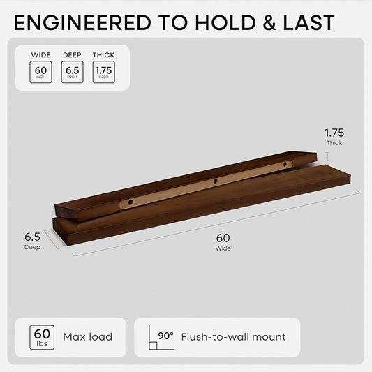 Homeforia Walnut 60 inch Floating Shelf, High End Solid Real Wood 60inch Long Floating Shelf for Wall, Dark Brown Wooden 60in Large Floating Shelves, Heavy Duty Bracket, 60 X 6.5 X 1.75 inch, Set of 3