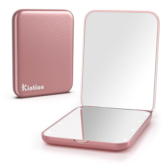 Kintion Pocket Mirror, 1X/3X Magnification LED Compact Travel Makeup Mirror with Light for Purse, 2-Sided, Portable, Folding, Handheld, Small Lighted Mirror for Gift, Rose Gold