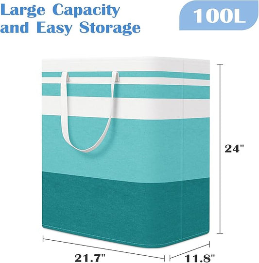 BlissTotes 3-Pack Laundry Basket, Freestanding&Waterproof Laundry Hamper, Collapsible Tall Clothes Hamper with Easy Carry Handles for Clothes, Towels in the Family and Dorm,Gradient Green,100L