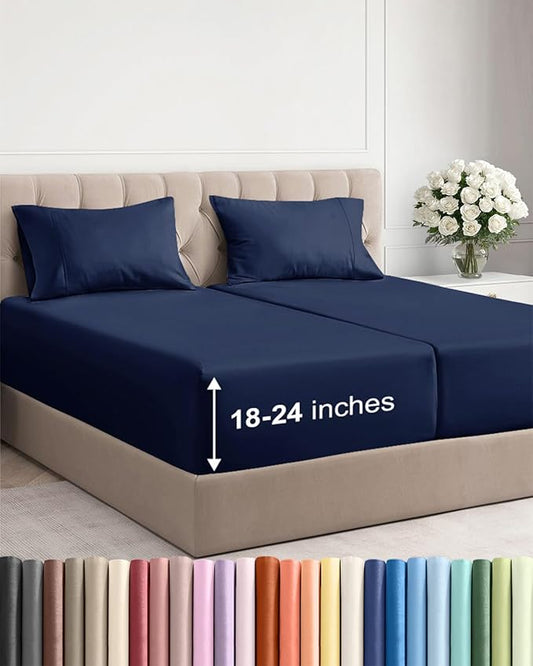 Extra Deep Pocket Split King Sheets - 5 Piece Breathable & Cooling Bed Sheets - Hotel Luxury Bed Sheet Set - Soft, Wrinkle Free & Comfy - Easily Fits Extra Deep Mattresses - Navy Blue Sheets Set