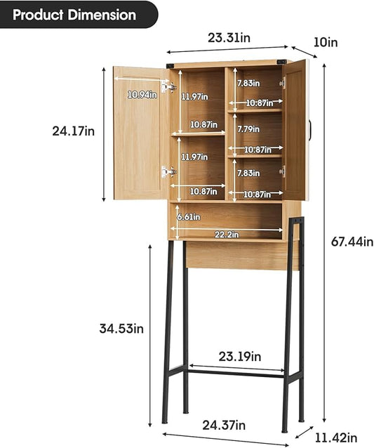 Over The Toilet Storage Cabinet with 2-Door Design Bathroom Organizers and Storage with Anti-Tip Device Over Toilet Organizer with Shelves for Bathroom,Restroom,Laundry Natural