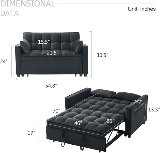 Sleeper Sofa Bed, 3-in-1 Velvet Pull Out Couch with Armrests, Storage Pockets and 2 Pillows, Adjustable Backrest, Pull Out Sofa Bed Couch for Living Room, Bedroom(Black)