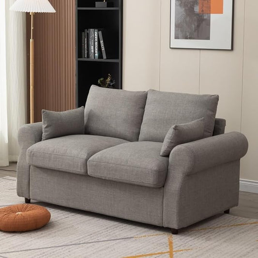 Panana Modern 2 and 3 Seats Loveseat Sofa Couch with Storage, Small Love Seat Couches for Living Room, Bedroom, Apartment, Office (Light Gray Linen Fabric, Scroll Arm - 2 Seater)
