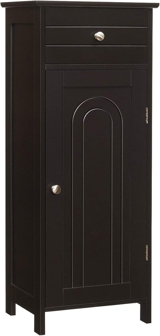 Tangkula Bathroom Floor Cabinet, Wooden Side Storage Cabinet, Freestanding Single Door Bathroom Cabinet with Large Drawer & 2 Adjustable Shelves for Living Room Kitchen (Brown)