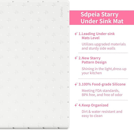 Sdpeia Under Sink Mat 22"×14" Waterproof Silicone Cabinet Liner & Sink Protector for Kitchen & Bathroom, Multi-Purpose Organizers Tray for Pets, Laundry, Cat Litter Mat, White