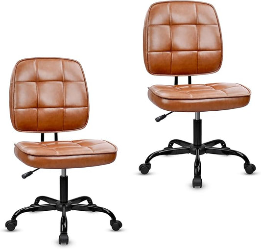 CLATINA Armless Home Office Chair with Lumbar Support and Wheels, Small PU Leather Ergonomic Low Back Desk Chairs No Arms, Adjustable Height 360° Swivel Rolling Computer Task Chair, Brown, 2 Pack