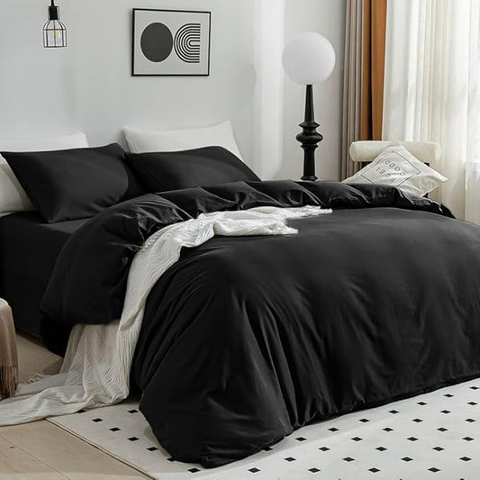 JELLYMONI Cotton Duvet Cover Twin Size - 100% Washed Cotton Linen Feel Textured Comforter Cover, 2 Pieces Breathable Soft Bedding Set with Zipper Closure(Black,Twin 68"×90")
