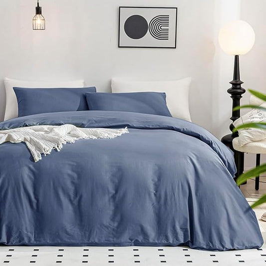 JELLYMONI Bedding Duvet Cover Queen Size - 100% Washed Cotton Linen Like Textured Comforter Cover, 3 Pieces Breathable Soft Bedding Set with Zipper Closure (Blue, Queen 90"x90")