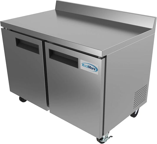KoolMore 48" Stainless Steel 2 Door Worktop Commercial Refrigerator with 3 1/2 Backsplash - 12 cu.ft (RWT-2D-12C)