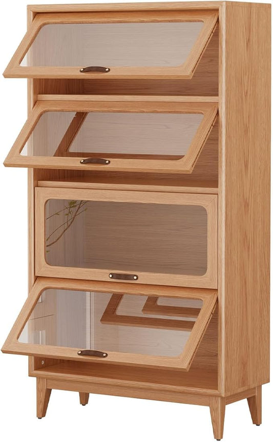 Solid Wood Book Case 4Tier Bookshelves with Tempered Glass Flip-Up Doors Brown Finish Adjustable laminate, Bookshelf Versatile Pantry Cabinet with Storage Home Office (Original Wood D14xW32xH60")