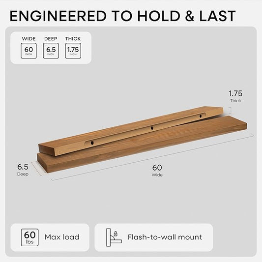 Homeforia 60 inch Golden Oak Floating Shelf, High End Solid Real Wood 60inch Small Floating Shelves for Wall Mounted, Oak Wooden 60in Floating Shelves, Heavy Duty Bracket, 60 X 6.5 X 1.75 in, Set of 2