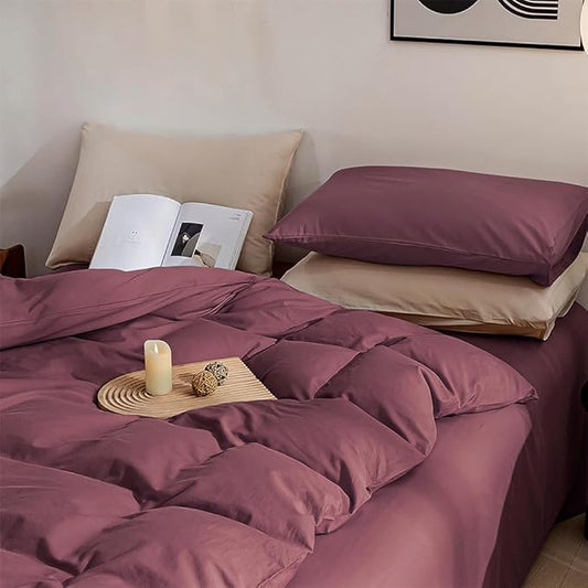 JELLYMONI Plum Duvet Cover Full Size - 100% Washed Cotton Linen Like Textured Comforter Cover, 3 Pieces Breathable Soft Bedding Set with Zipper Closure (Plum, 80"x90")