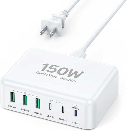 USB C Fast Charger, 150W 6 Port Desktop PD GaN Fast Charger Charging Station Block 65W USB C Laptop Power Adapter for MacBook Pro/Air iPad iPhone 16 15 14 13 Pro Max Galaxy S24 Note 20 Pixel
