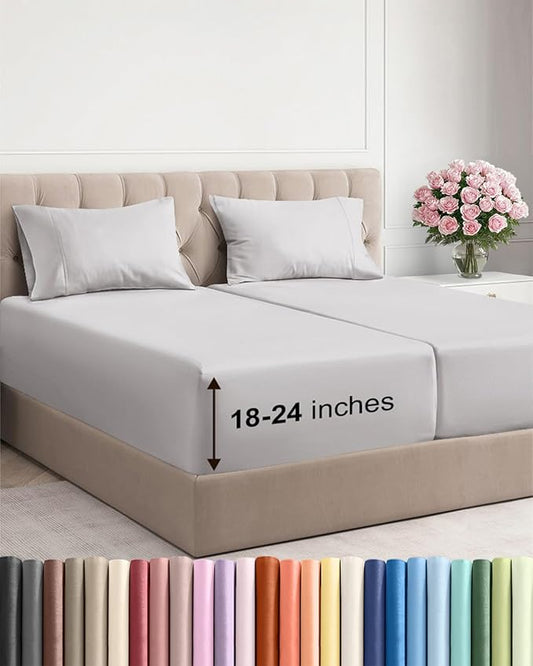 Extra Deep Pocket Split King Sheets - 5 Piece Breathable & Cooling Bed Sheets - Hotel Luxury Bed Sheet Set - Soft, Wrinkle Free & Comfy - Easily Fits Extra Deep Mattresses - French Grey Sheets Set