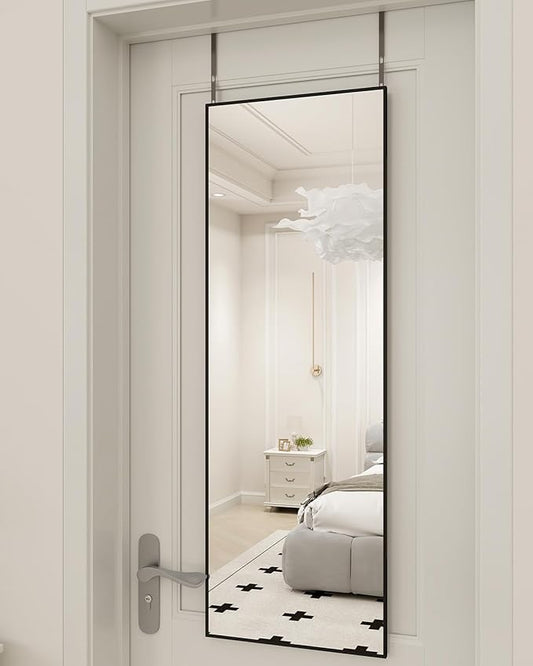 BEAUTYPEAK 16" x 50" Adjustable Height Over The Door Mirror, Full Length Hanging Door Mirror with Shatterproof Tempered Glass Aluminum Alloy Frame for Bedroom, Living Room, Bathroom, Dorm, Black