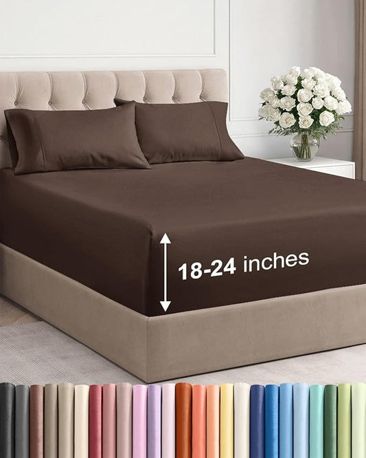 Extra Deep Pocket King Sheets - 4 Piece Breathable & Cooling Bed Sheets - Hotel Luxury Bed Sheet Set - Soft, Wrinkle Free & Comfy - Easily Fits Extra Deep Mattresses - Deep Pocket Brown Sheets Set