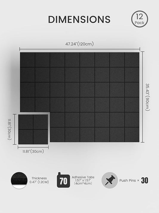 Bumusty Large Cork Board Alternative-47 x35 Felt Bulletin Board Tiles, with 30 Pushpins, 70 Adhesive Tabs, 12-Pack Slat Wall Paneling, Cork Boards for Office Push Pin Board Felt Board-Black