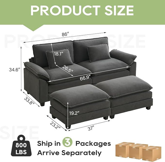 86" Modular Sectional Sofa, Comfy Cloud Couch Sectional Sofa with Ottoman, Velvet Sofa Sleeper Deep Seat Sofa with Throw Pillows for Living Room (Blue Grey)