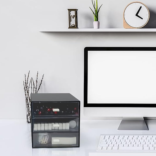 Desk Organizer with Drawer, Desk Storage Box, Plastic Office Stationery Supplies Organizers, Desktop Organizer for Office School Home (3 drawer, Black)