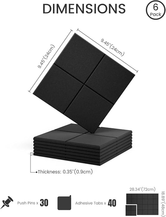 Felt Bulletin Board Tiles -28"x18" Cork Board Alternative for Office Decor, Push Pin Board Wall Organizer 6-Pack-Black