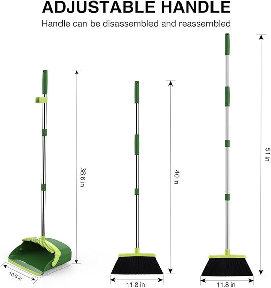 Broom and Dustpan Set, 52-in Long Adjustable Handle Broom Dustpan Combo with Dust pan Teeth to Automatically Clean Hair Suitable for Home Kitchen Office Hall Floor(Green)