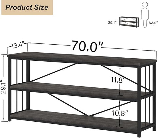 HSH Long Bookcase, Wood Metal Large Low Horizontal Book Shelf for Bedroom, Modern Open 3 Tier Etagere Bookshelf with Storage, Under Window Bookshelves for Home Office Living Room, Dark Gray, 70 Inch