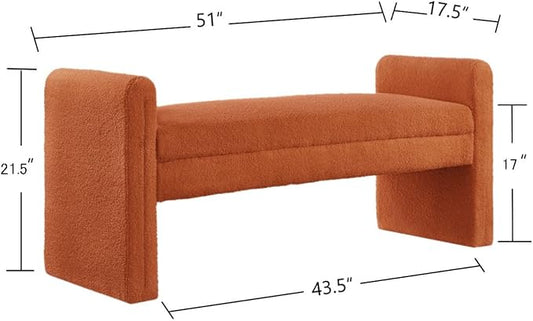 24KF Modern Upholstered Bed Bench Covered with Soft Boucle Teddy Fabric, Lovely Entryway Bench Ottoman with Armrest, 5062-Orange