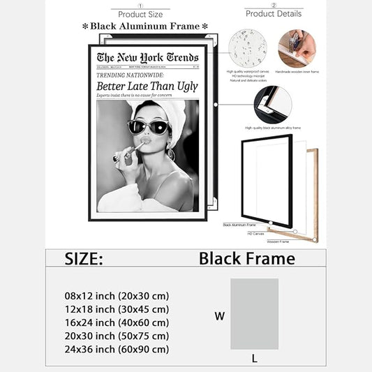 New York Trends Wall Art Black and White Newspaper Better Late Than Ugly Poster Canvas Prints Funky Feminist Posters Trendy College Wall Decor for Bar Cart Girl Dorm Room Bathroom Decorative 16x24inch black framed