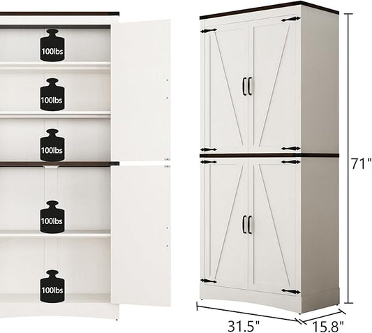 71in Farmhouse Kitchen Pantry Cabinet,Tall Storage Cabinet with 4 Doors and Adjustable shelves,with Load-Bearing Steel Pipe,Wood Storage Cabinets for Kitchen,Dining Room,Bathroom(White)