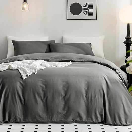 JELLYMONI Gray Duvet Cover King Size - 100% Washed Cotton Linen Like Textured Comforter Cover, 3 Pieces Lightweight Soft Bedding Set with Zipper Closure (Dark Gray, King 104"x90")