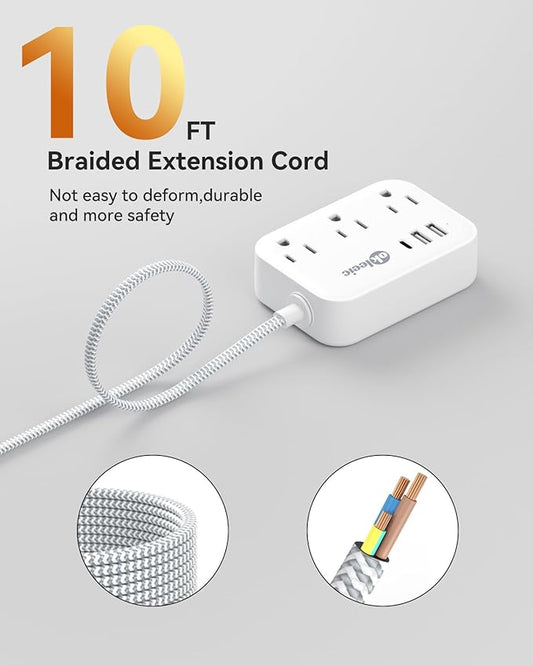 Flat Plug Power Strip with USB Ports, Flat Extension Cord 10 FT with 3 AC Outlets 3 USB Ports, Long Extension Cord Outlet Extender with No Surge Protector for Cruise Ship, Dorm Room Travel Essentials