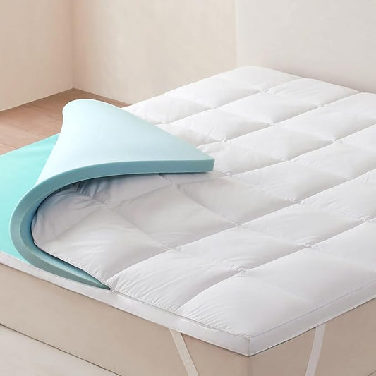 Dual Layer 2 Inch Memory Foam Mattress Topper Queen Size, 1.5 Inch Cooling Gel Memory Foam and 0.5 Inch Goose Down Fibers Mattress Pad Cover for Pressure Relieving(60"x80")