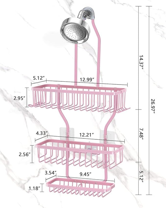 Pink Shower Caddy for Bathroom - Never Rust Hanging Shower Organizer with Soap Basket and Hooks - Large Capacity 3 Tier Aluminum Over The Showerhead Caddy