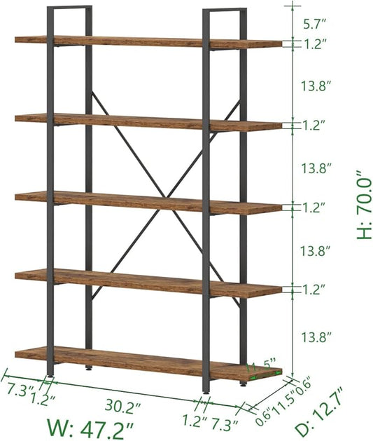 HSH Rustic Bookcases and Book Shelves 5 Shelf, Metal Wood 5 Tier Bookshelf and Storage Book Rack, Vintage Large Book Shelf for Bedroom Living Room Office,Open Vertical Display Etagere Book Case, Brown