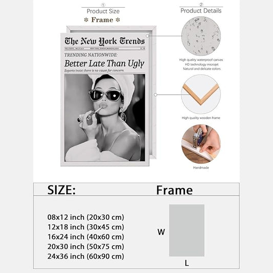 New York Trends Wall Art Black and White Newspaper Better Late Than Ugly Poster Canvas Prints Funky Feminist Posters Trendy College Wall Decor for Bar Cart Girl Dorm Room Bathroom Decorative 12x16inch Framed